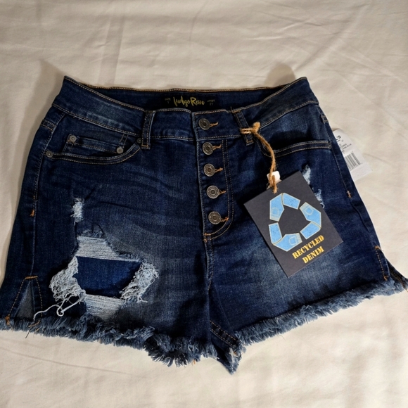 Indigo Rein Pants - Indigo Blues Super High Rise Button Fly Jean Shorts Distressed Sz 7 / 27 Nwt